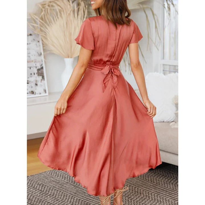 Women's Deep V-Neck Satin Cutout Formal Dress Ruffle Asymmetric Hem