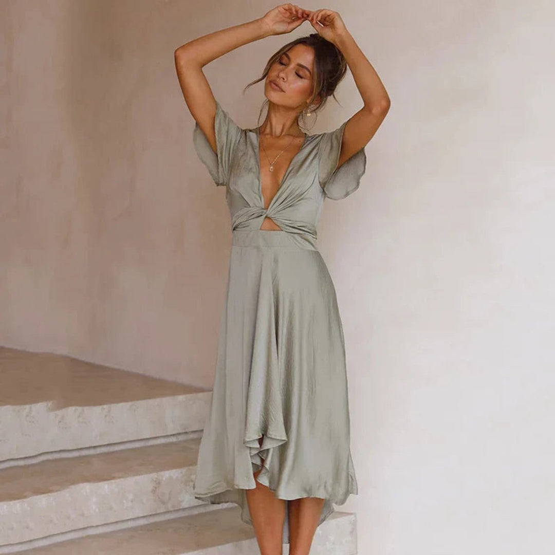 Women's Deep V-Neck Satin Cutout Formal Dress Ruffle Asymmetric Hem