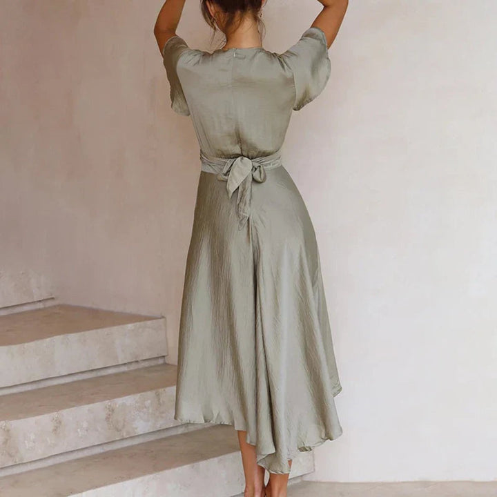 Women's Deep V-Neck Satin Cutout Formal Dress Ruffle Asymmetric Hem