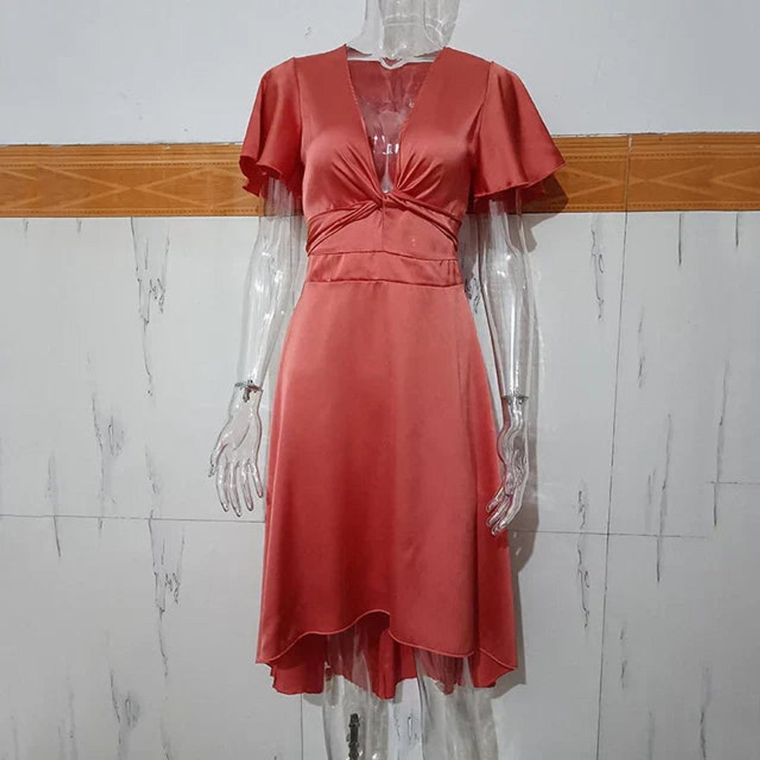 Women's Deep V-Neck Satin Cutout Formal Dress Ruffle Asymmetric Hem