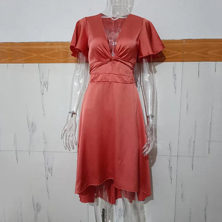 Women's Deep V-Neck Satin Cutout Formal Dress Ruffle Asymmetric Hem
