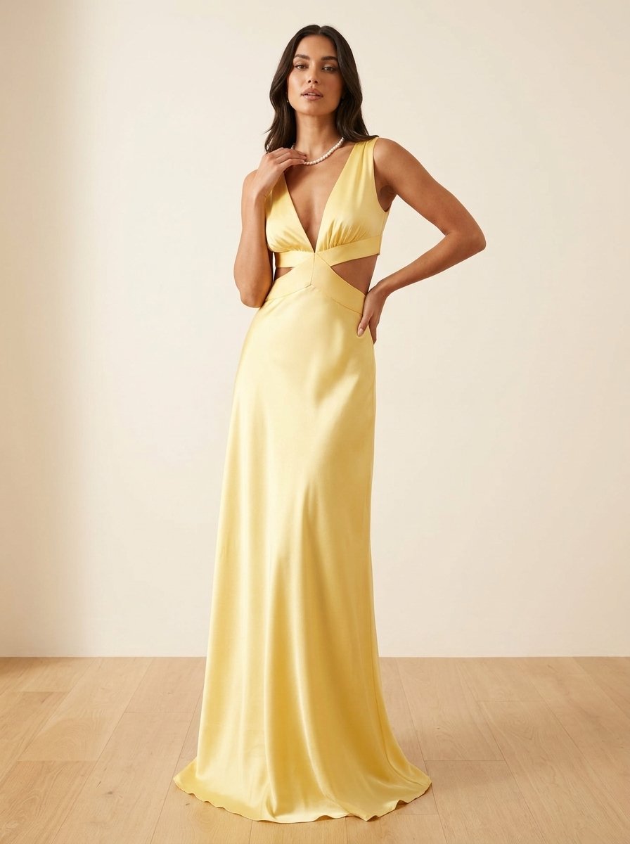 Women's Deep V-Neck Satin Cutout Maxi Formal Dress