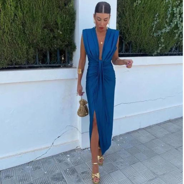 Women's Deep V-Neck Sleeveless Pleated Formal Dress
