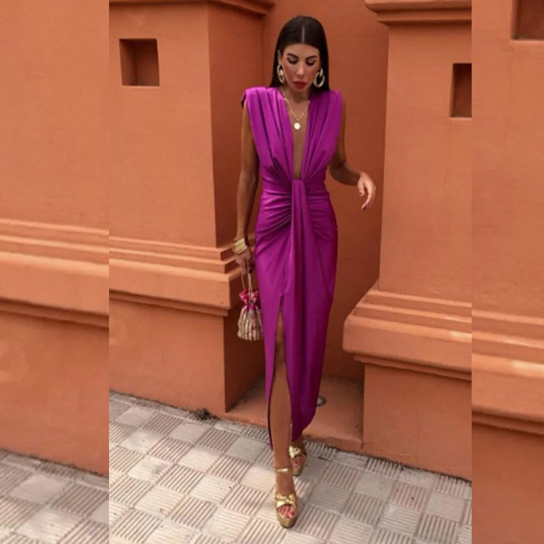 Women's Deep V-Neck Sleeveless Pleated Formal Dress