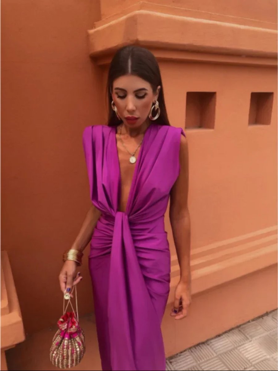Women's Deep V-Neck Sleeveless Pleated Formal Dress