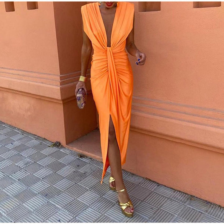 Women's Deep V-Neck Sleeveless Pleated Formal Dress