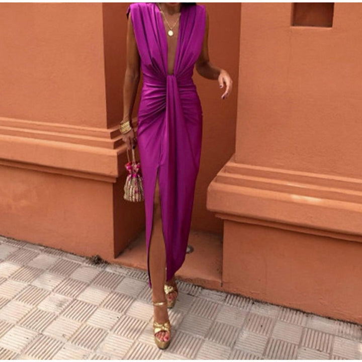 Women's Deep V-Neck Sleeveless Pleated Formal Dress