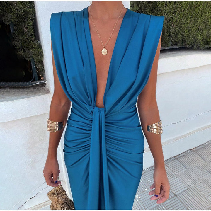 Women's Deep V-Neck Sleeveless Pleated Formal Dress