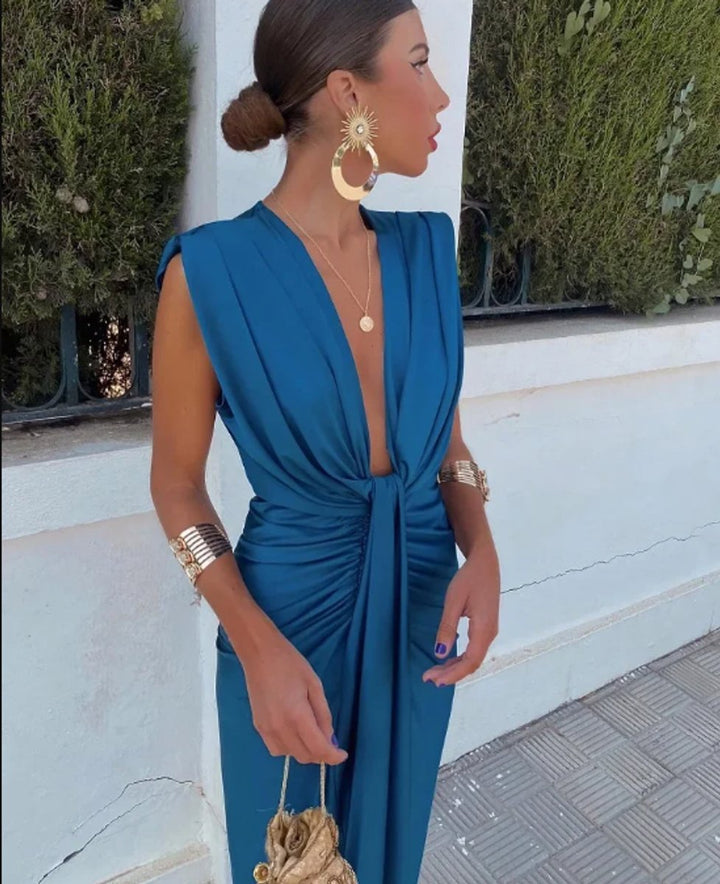 Women's Deep V-Neck Sleeveless Ruched Midi Formal Dress