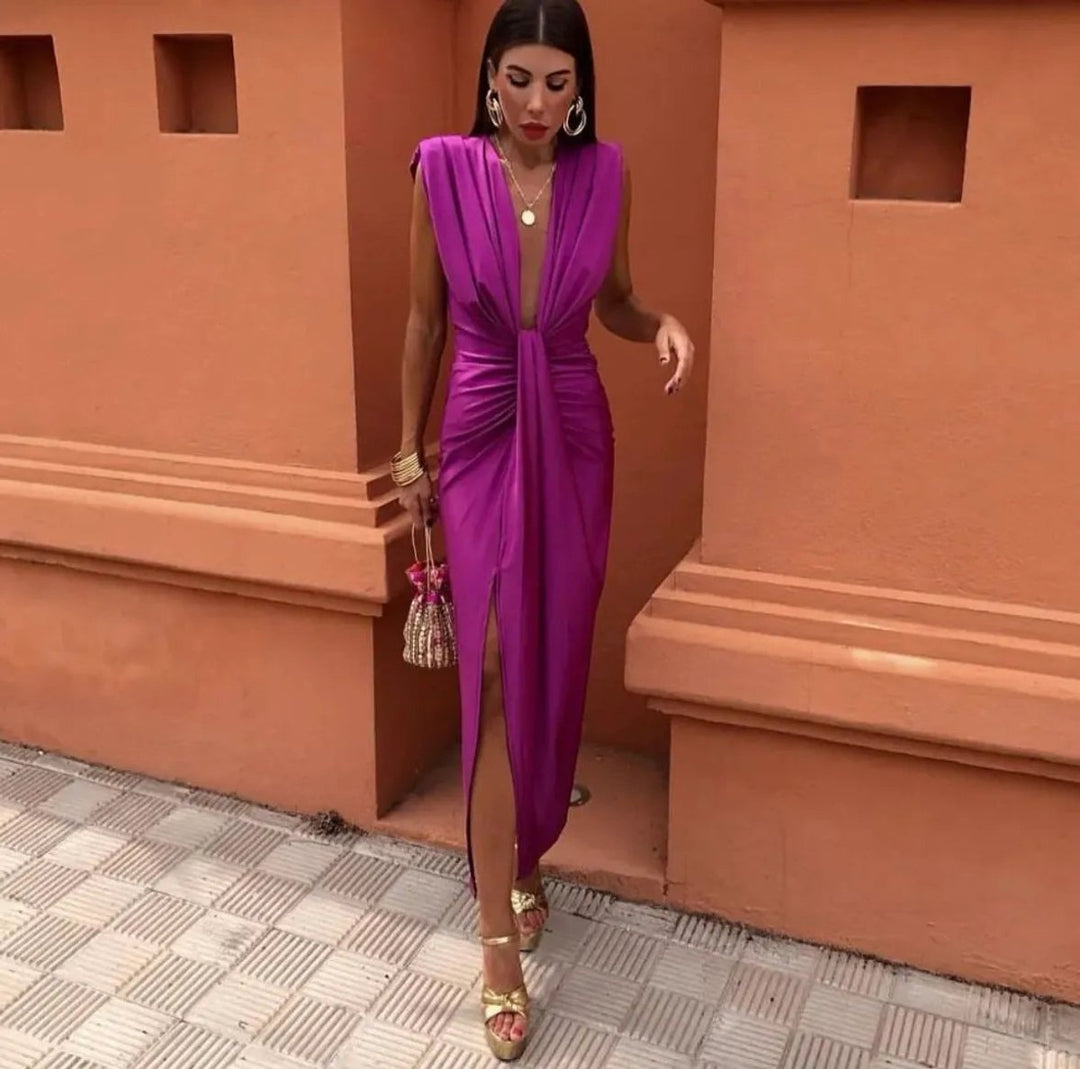 Women's Deep V-Neck Sleeveless Ruched Midi Formal Dress