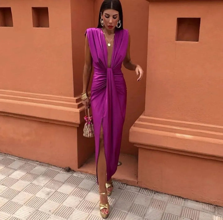Women's Deep V-Neck Sleeveless Ruched Midi Formal Dress
