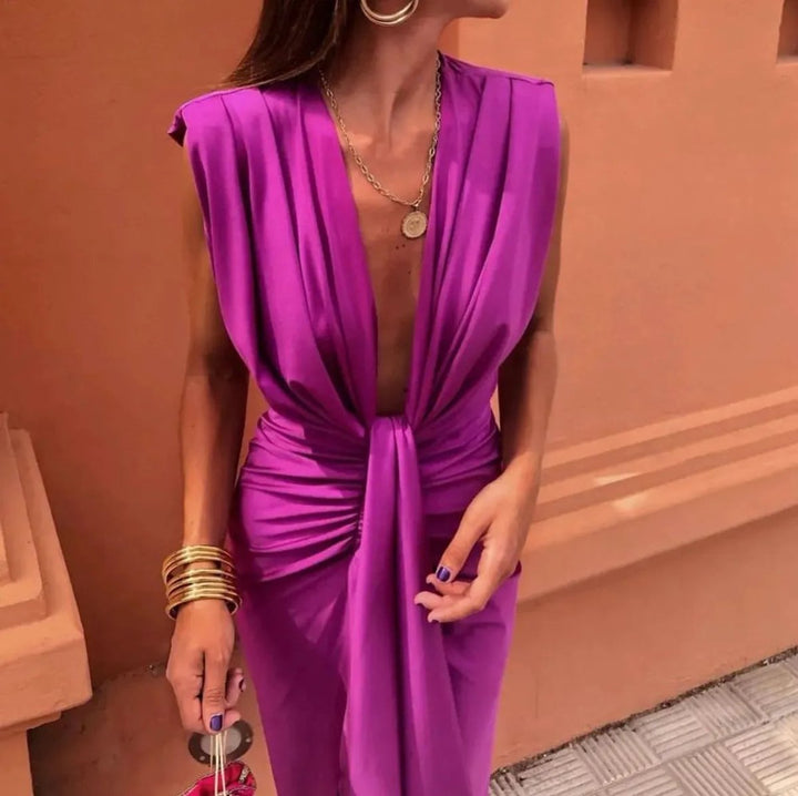 Women's Deep V-Neck Sleeveless Ruched Midi Formal Dress