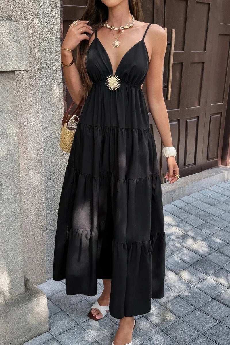 Women's Deep V-Neck Tiered Maxi Fall Wedding Guest Dress