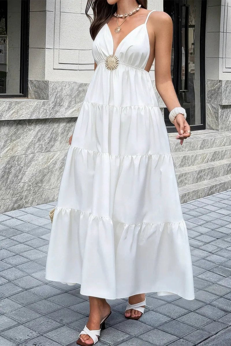Women's Deep V-Neck Tiered Maxi Fall Wedding Guest Dress
