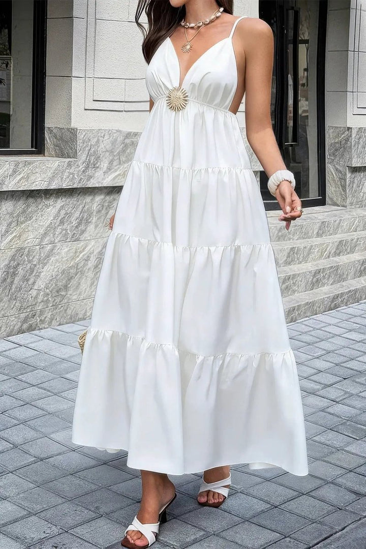 Women's Deep V-Neck Tiered Maxi Fall Wedding Guest Dress