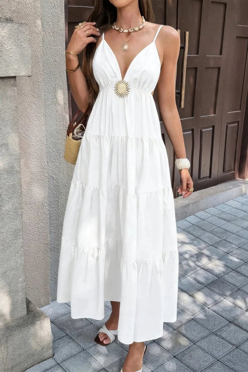 Women's Deep V-Neck Tiered Maxi Fall Wedding Guest Dress