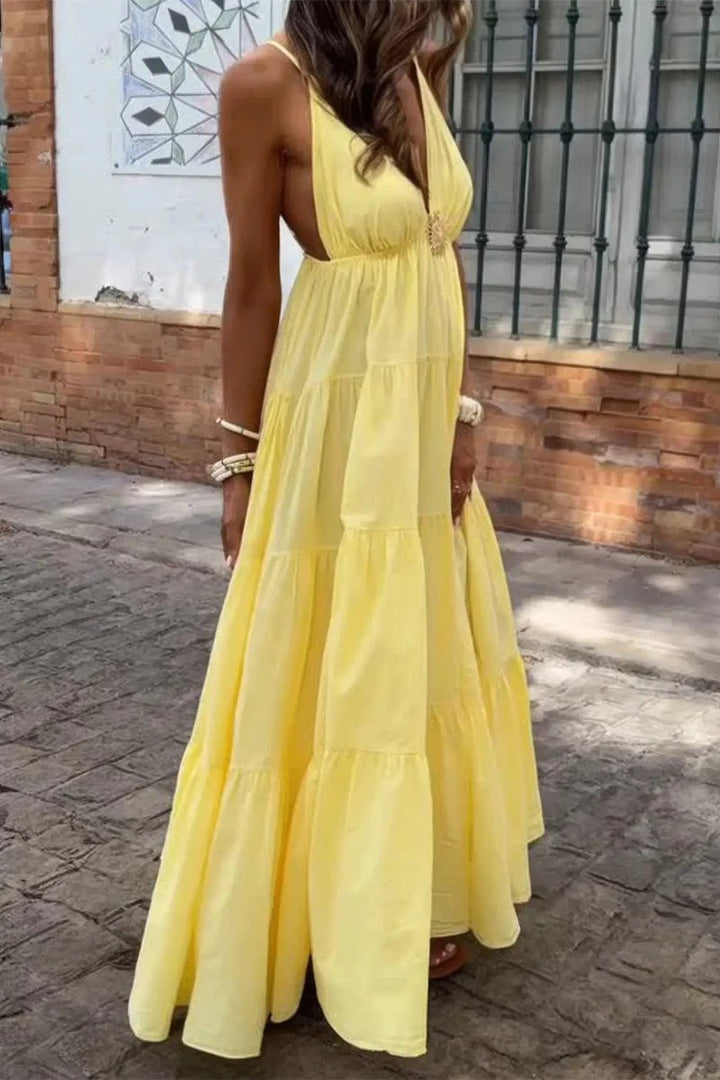 Women's Deep V-Neck Tiered Maxi Fall Wedding Guest Dress