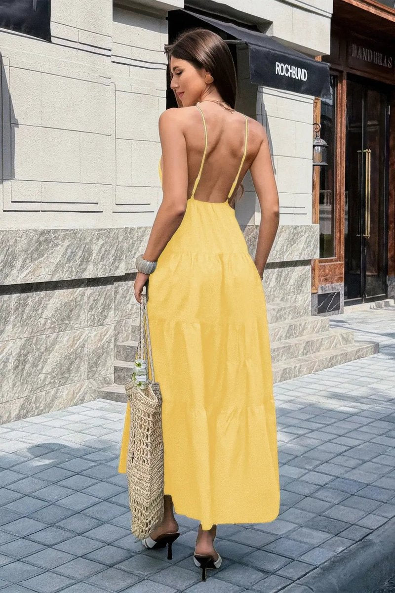 Women's Deep V-Neck Tiered Maxi Fall Wedding Guest Dress