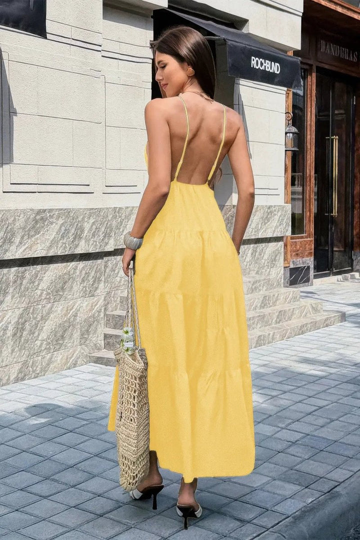 Women's Deep V-Neck Tiered Maxi Fall Wedding Guest Dress