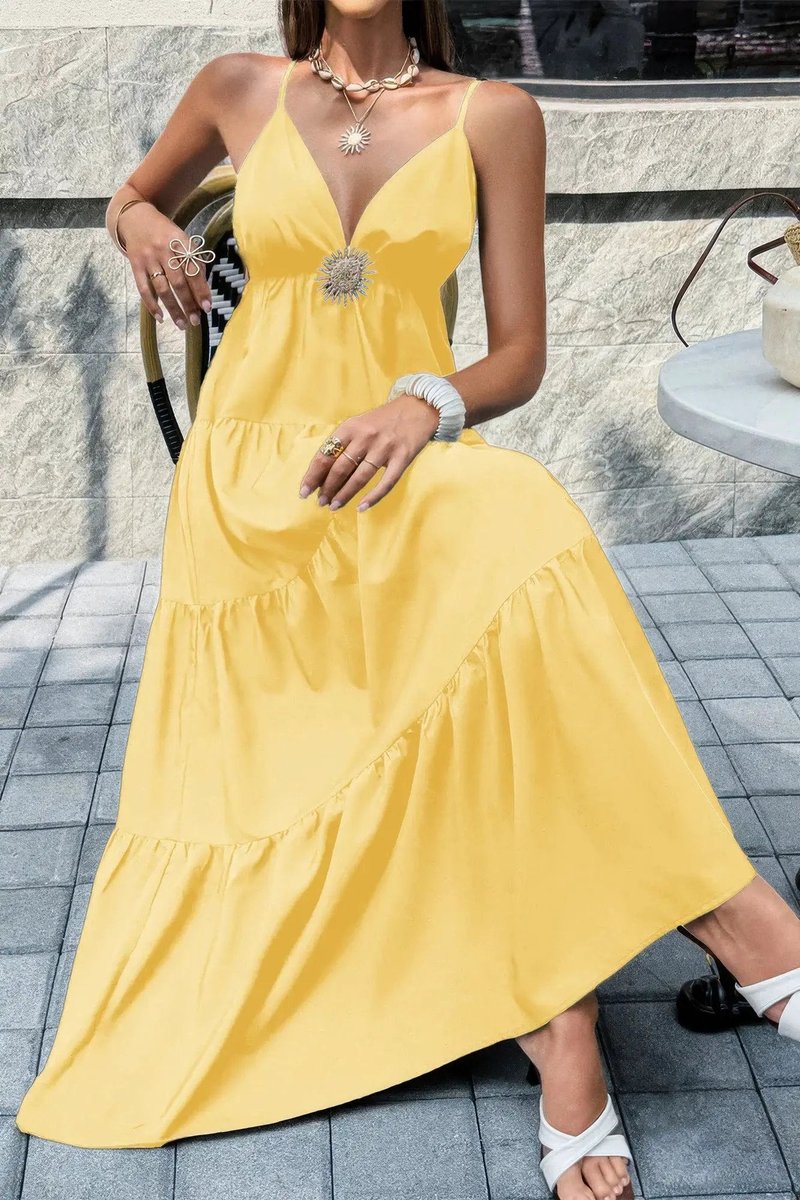 Women's Deep V-Neck Tiered Maxi Fall Wedding Guest Dress
