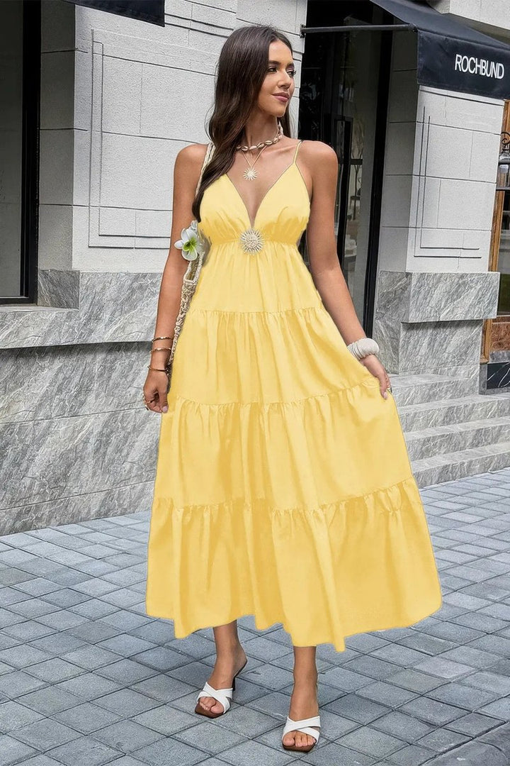 Women's Deep V-Neck Tiered Maxi Fall Wedding Guest Dress