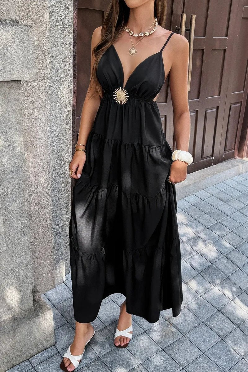 Women's Deep V-Neck Tiered Maxi Fall Wedding Guest Dress