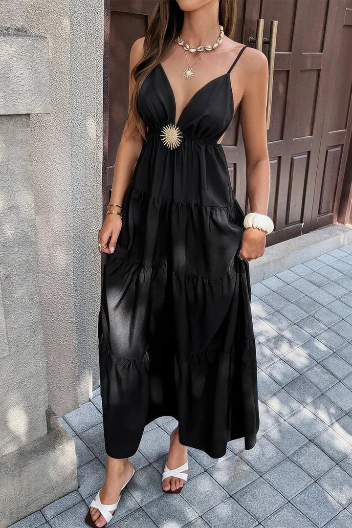 Women's Deep V-Neck Tiered Maxi Fall Wedding Guest Dress