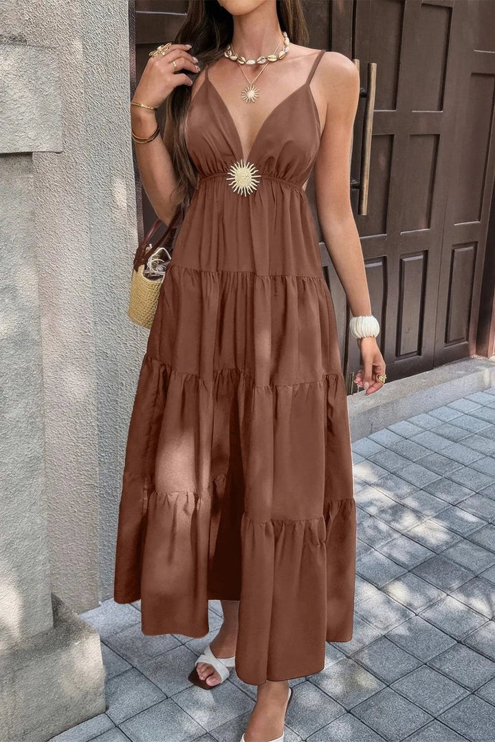 Women's Deep V-Neck Tiered Maxi Fall Wedding Guest Dress