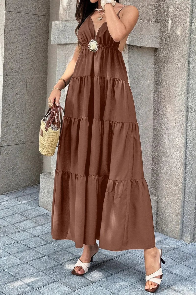 Women's Deep V-Neck Tiered Maxi Fall Wedding Guest Dress
