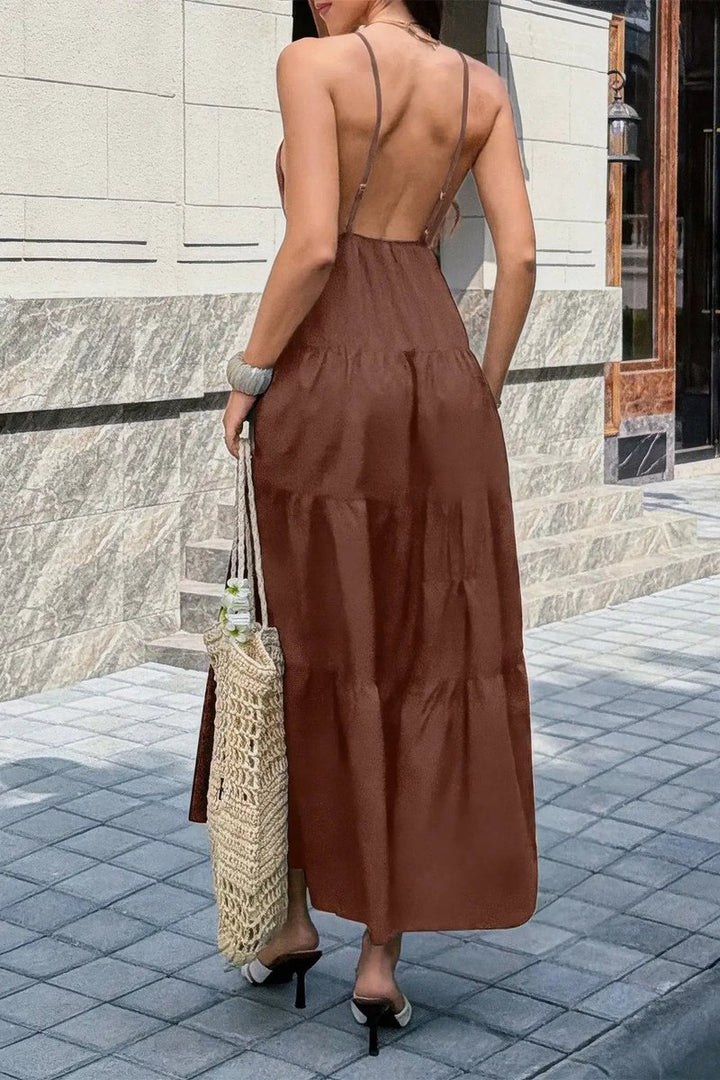 Women's Deep V-Neck Tiered Maxi Fall Wedding Guest Dress