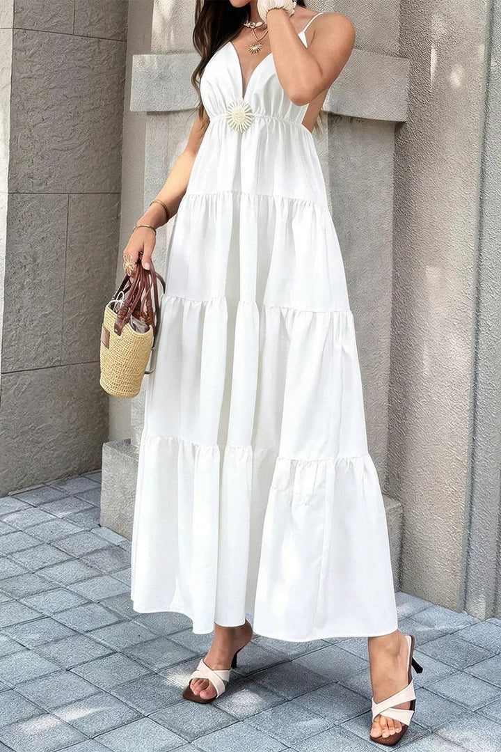 Women's Deep V-Neck Tiered Maxi Fall Wedding Guest Dress