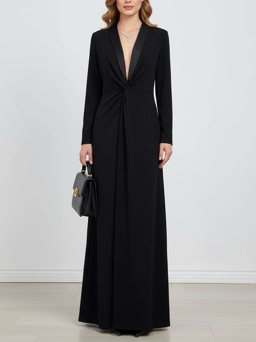 Women's Deep V-Neck Twist-Front Long Sleeve Fall Wedding Guest Dress