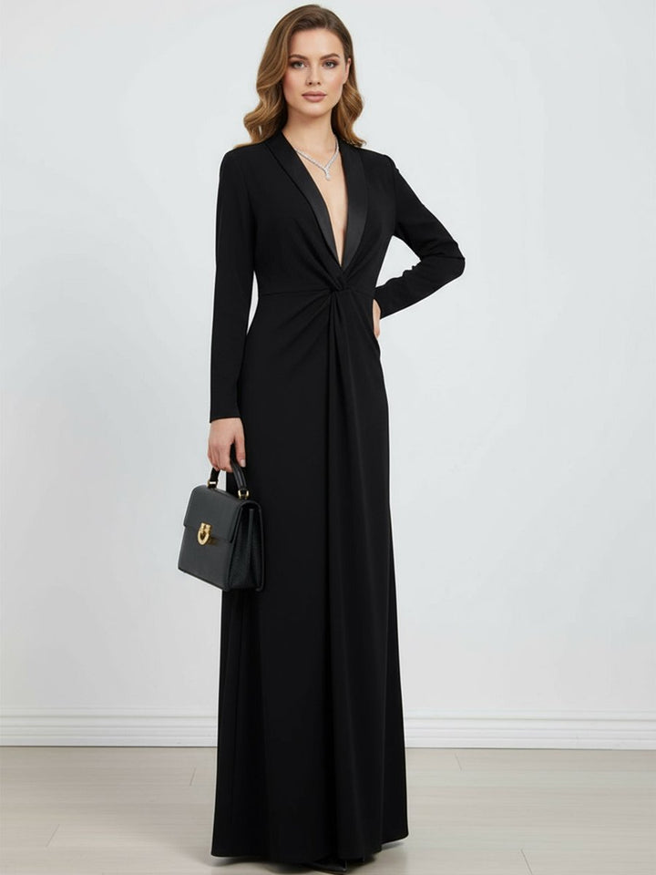 Women's Deep V-Neck Twist-Front Long Sleeve Fall Wedding Guest Dress