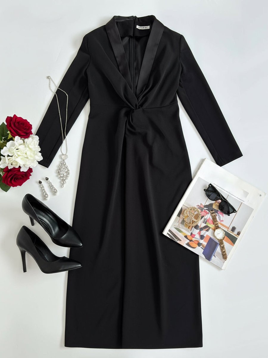 Women's Deep V-Neck Twist-Front Long Sleeve Fall Wedding Guest Dress