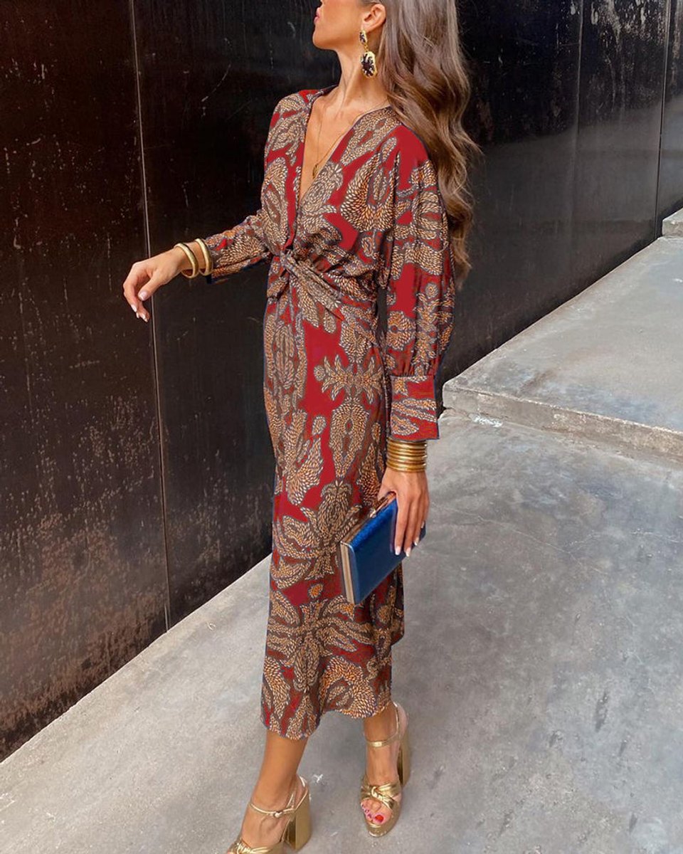 Women's Deep V-Neck Twist-Waist Printed Fall Midi Dress