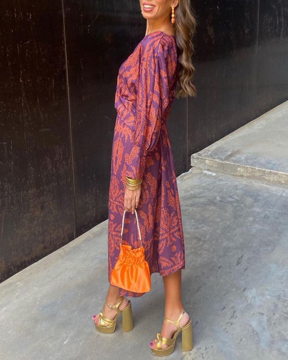 Women's Deep V-Neck Twist-Waist Printed Fall Midi Dress
