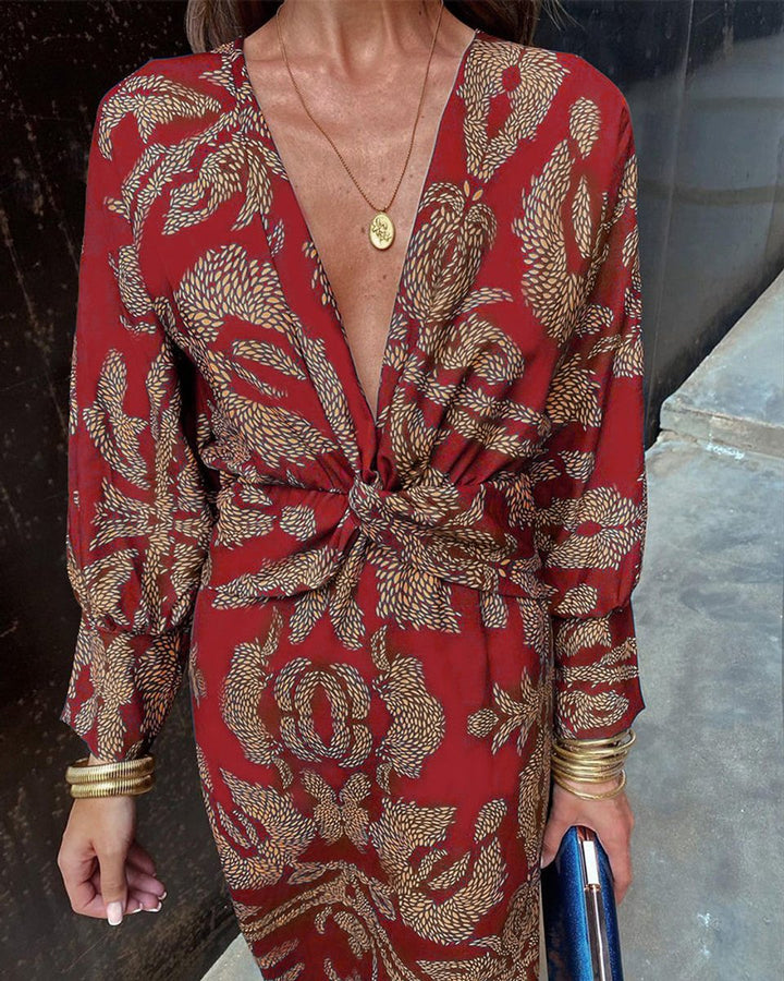Women's Deep V-Neck Twist-Waist Printed Fall Midi Dress