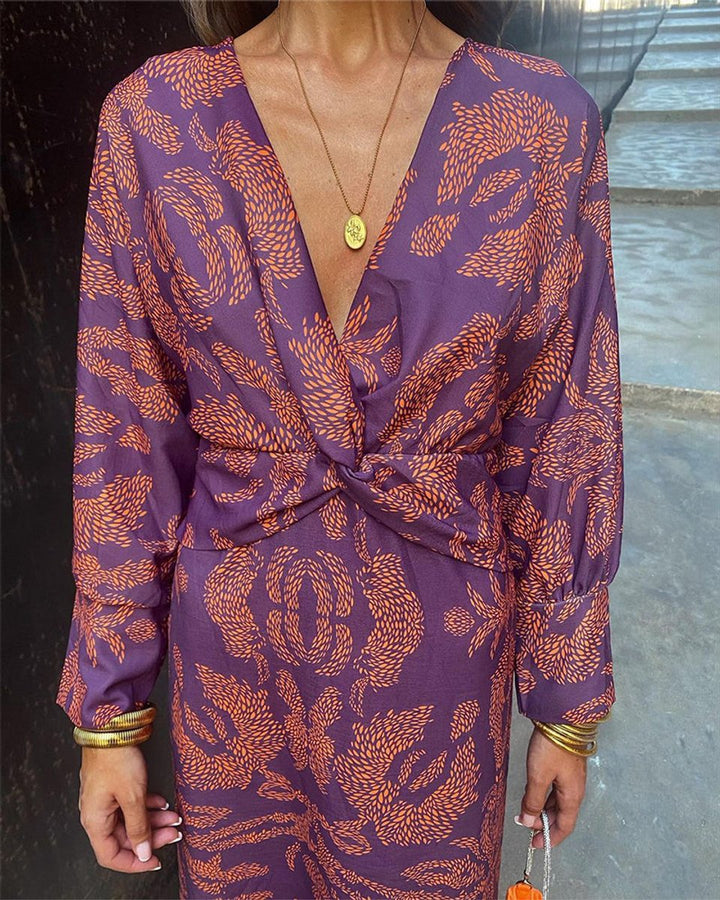 Women's Deep V-Neck Twist-Waist Printed Fall Midi Dress