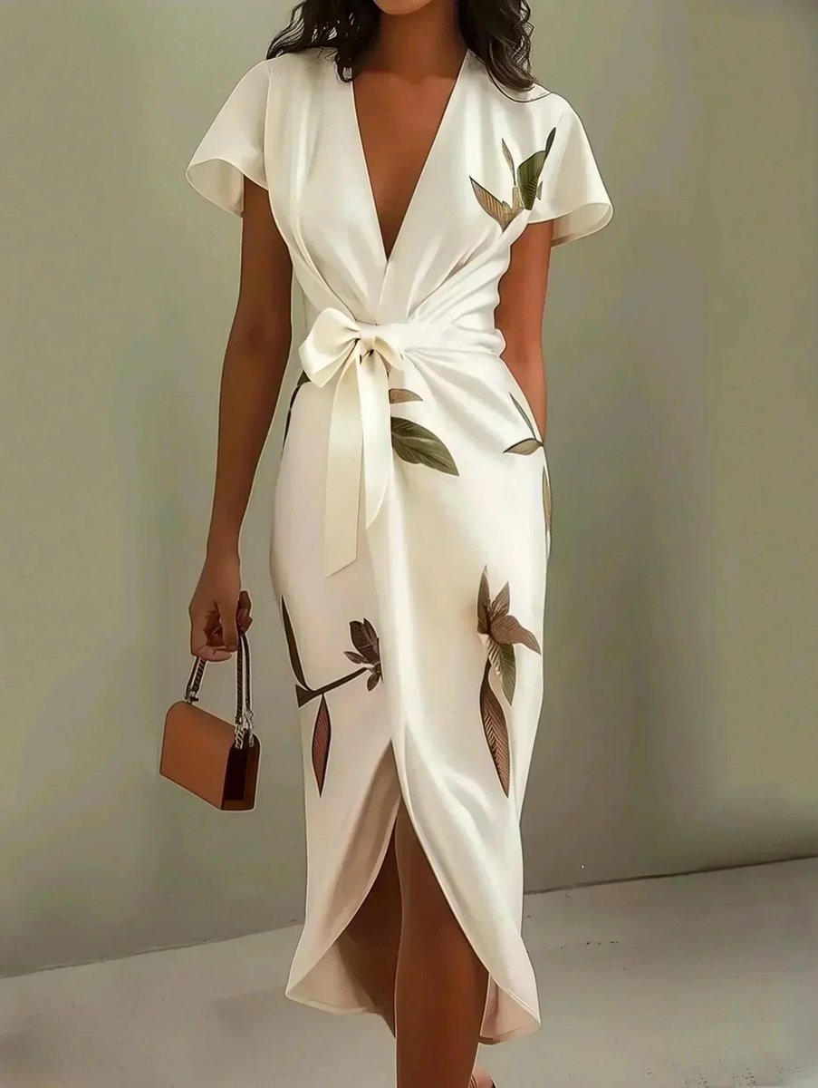 Women's Deep V-Neck Wrap Formal Dress Belted Floral Midi