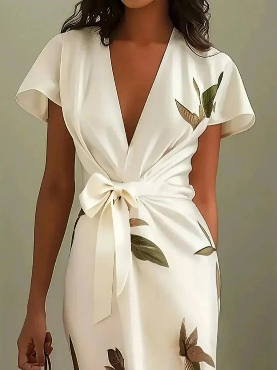 Women's Deep V-Neck Wrap Formal Dress Belted Floral Midi