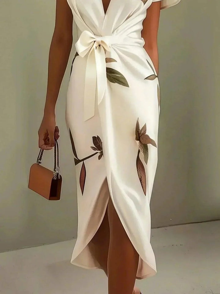 Women's Deep V-Neck Wrap Formal Dress Belted Floral Midi