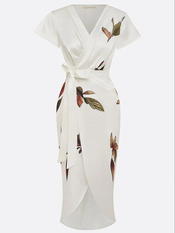 Women's Deep V-Neck Wrap Formal Dress Belted Floral Midi