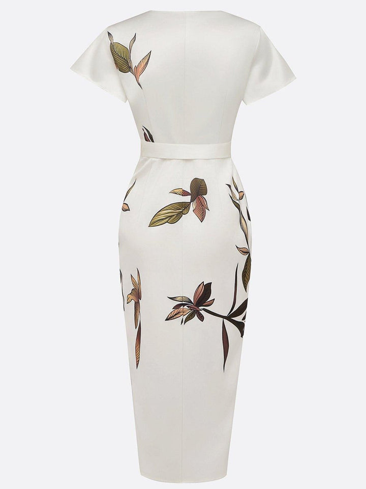 Women's Deep V-Neck Wrap Formal Dress Belted Floral Midi