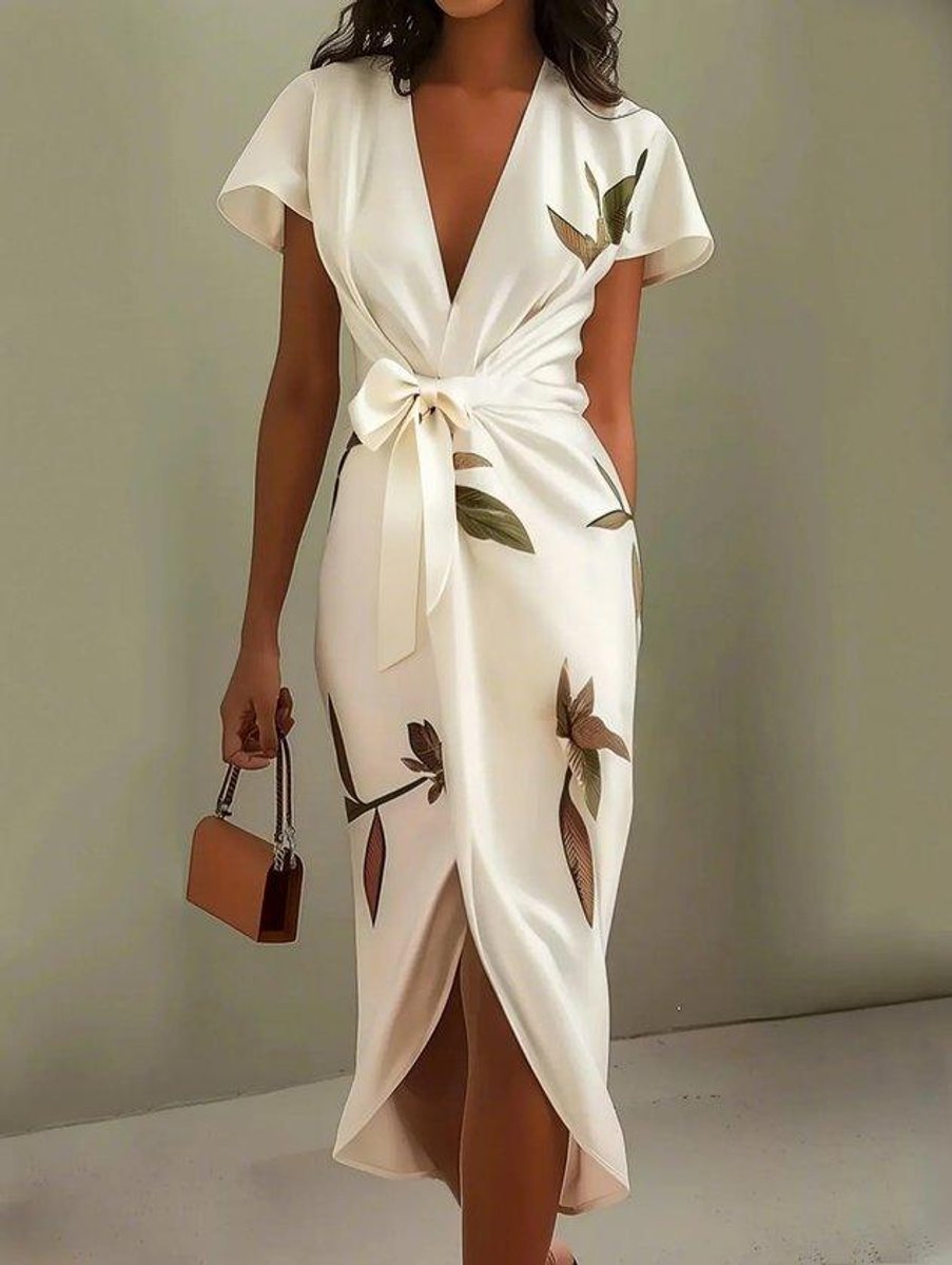 Women's Deep V-Neck Wrap Formal Dress Belted Floral Midi
