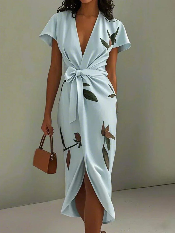 Women's Deep V-Neck Wrap Formal Dress Belted Floral Midi