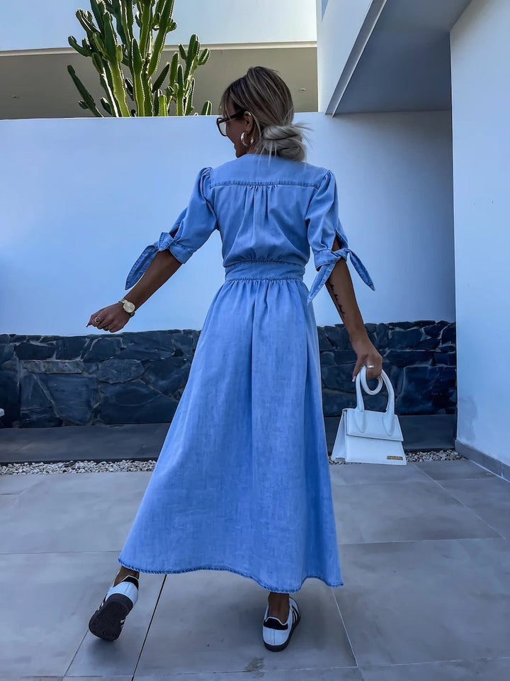 Women's Denim Tie-Sleeve Elastic-Waist Fall Midi Dress