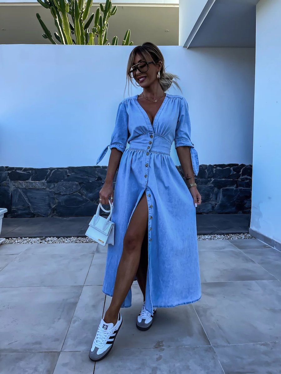 Women's Denim Tie-Sleeve Elastic-Waist Fall Midi Dress