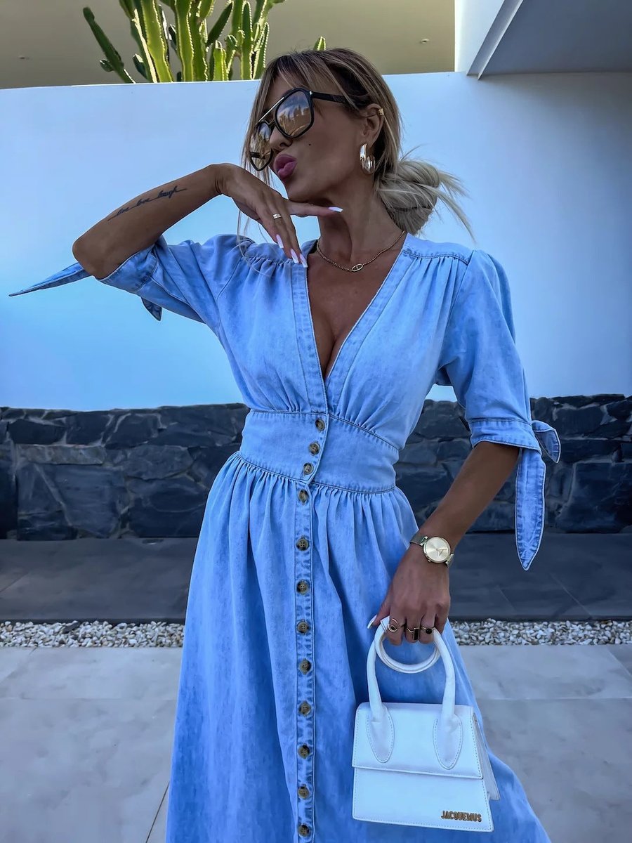 Women's Denim Tie-Sleeve Elastic-Waist Fall Midi Dress