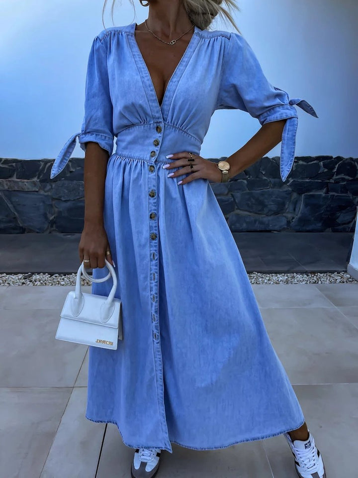 Women's Denim Tie-Sleeve Elastic-Waist Fall Midi Dress