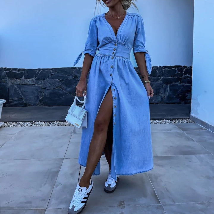 Women's Denim Tie-Sleeve Elastic-Waist Fall Midi Dress